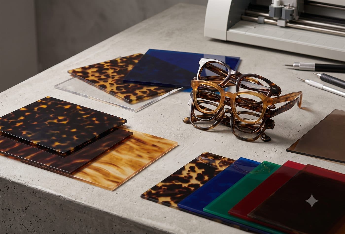 Tortoiseshell cellulose acetate sheets and stacked acetate frames on a workbench