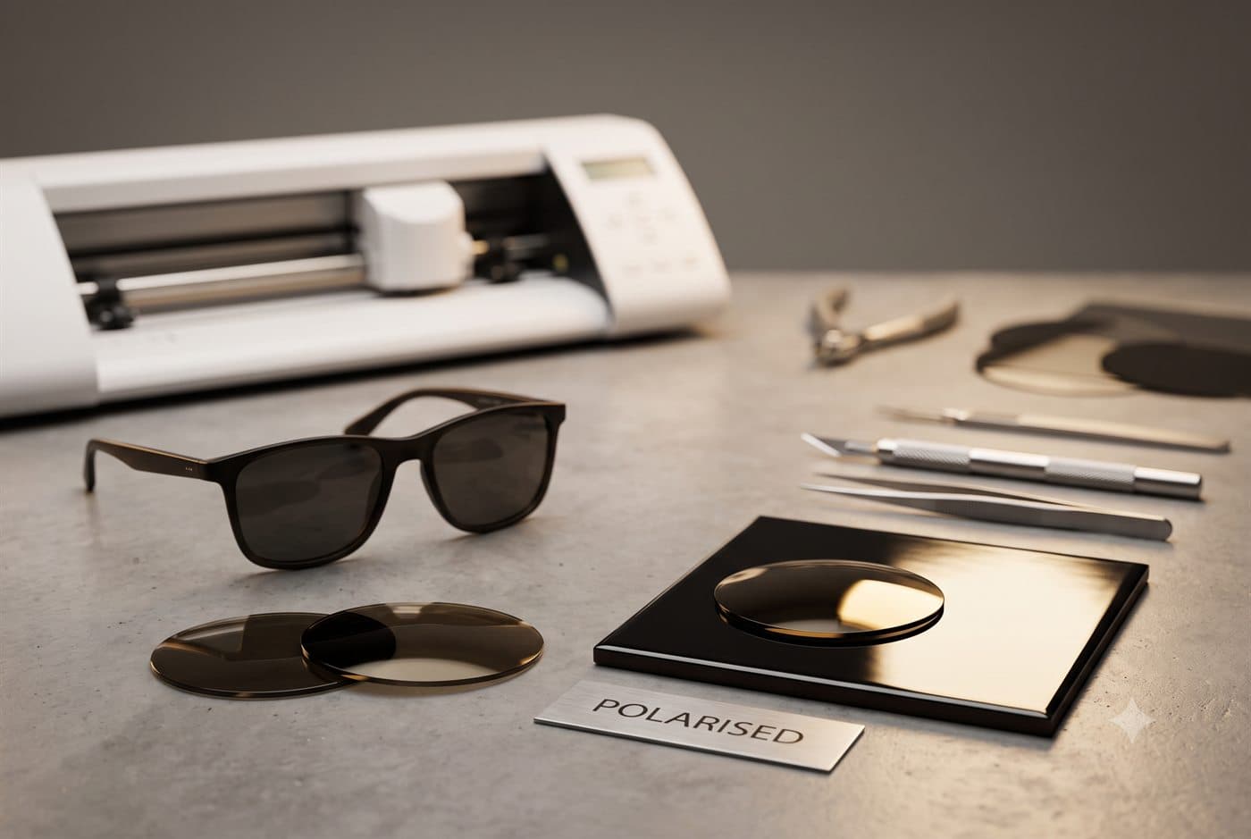 Polarised sunglasses with crossed polarised lens discs demonstrating glare reduction