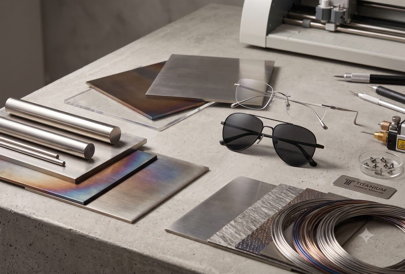 Brushed and heat-anodised titanium sheets, wire and titanium frames on a workbench